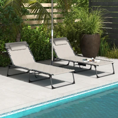 Outsunny Set of Two Reclining Sun Loungers Khaki
