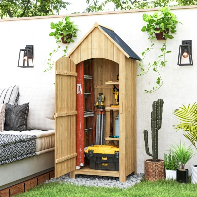 Outsunny Gartenschrank Holz  Gerätehaus Gartenhaus Geräteschuppen Geräteschrank Holzhütte Giebeldach Bitumenpappe Gelb 77,5 x 54,2 x 179,5 cm
