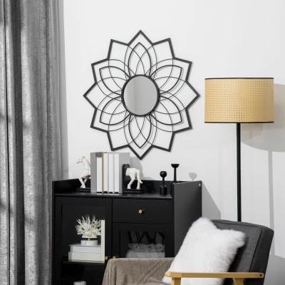 HOMCOM Runder Spiegel mit Floralen Mustern 79 cm x 79 cm x 0,4 cm Spiegelglas Metall MDF Schwarz