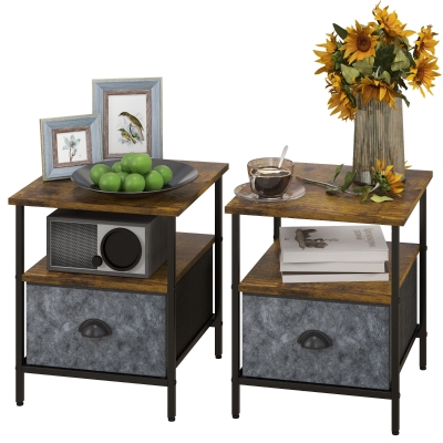 HOMCOM Set of 2 Bedside Tables Rustic Brown with Fabric Drawer