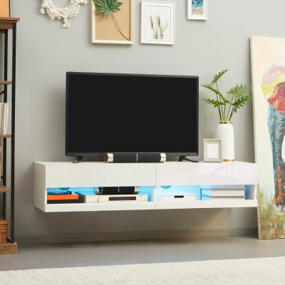 HOMCOM Floating TV Unit Wall-Mounted White with LED Lights