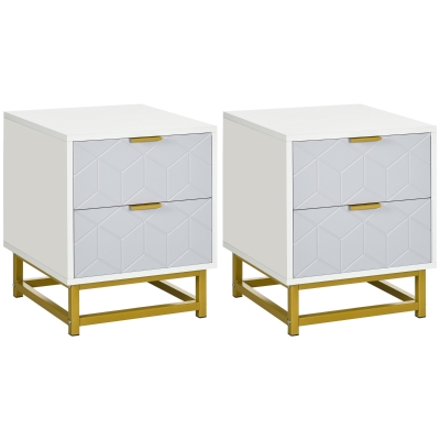 HOMCOM Bedside Table Set of 2 Steel Frame Grey & White