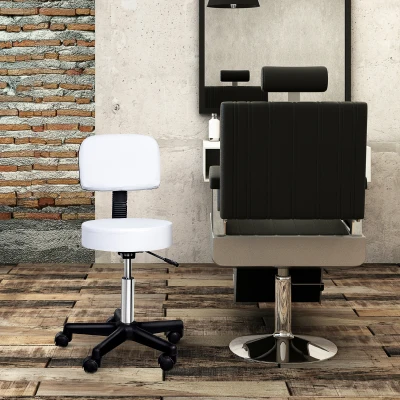 HOMCOM Rollhocker Höhenverstellbarer Arbeitshocker mit Lehne, Drehbarer Salon Hocker für Massage Büro Kunstleder Weiß Ø35 x 72-84 cm