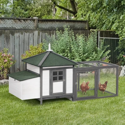 PawHut Gallinero de Madera de Pino Refugio Jaula para Gallinas Pollos Exterior con Caja Nido Bandeja Extraíble y Espacio para Correr 196x76x97 cm Gris
