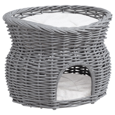 PawHut Wicker Cat House Elevated Pet Bed 56x37cm Grey