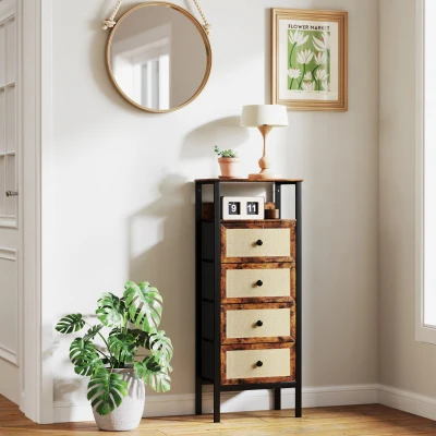 HOMCOM Cómoda para Dormitorio con 4 Cajones con Frentes de Ratán Compartimiento y Marco de Acero 50x30x126 cm Marrón Rústico
