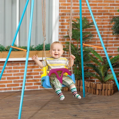 Outsunny 3-in-1 Kinderschaukel, höhenverstellbar, abnehmbare Rücklehne, für In- und Outdoor, blau+gelb, 42 x 33 x 180 cm