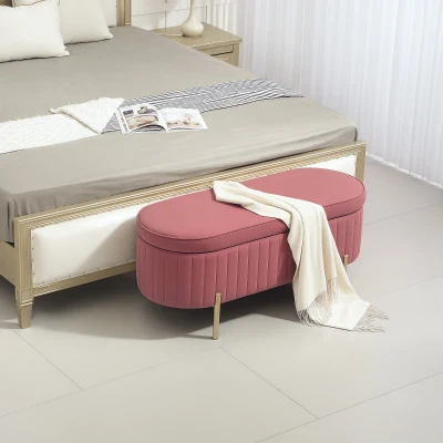 HOMCOM Banco para Pie de Cama con Almacenaje Tapizado en Terciopelo Patas Doradas y Diseño Elegante Ovalado 108x44x43,5cm Rosa