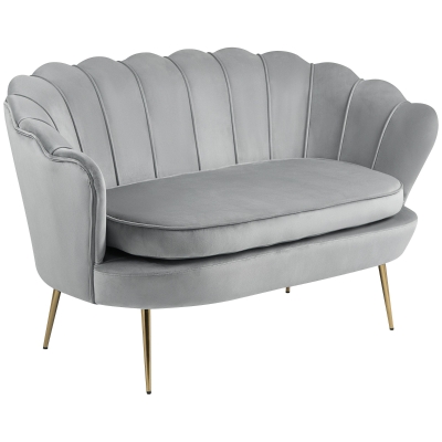 HOMCOM Canapé 2 Places Velours Coquillage Pieds Dorés Gris Clair