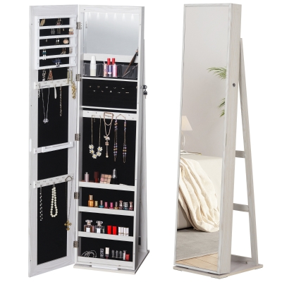 HOMCOM Espejo Joyero de Pie Armario Joyero con Luces LED y Cerradura Armario de Joyas con Espejo Integrada para Dormitorio Blanco con Veta de Madera