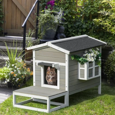 PawHut Maison Chat Extérieure Bois Surélevée Grise