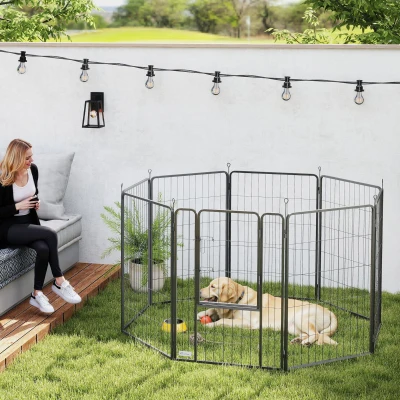 PawHut 8 Panels Heavy Duty Dog Playpen with Door Indoor Outdoor, for Large Dogs, 100cm High