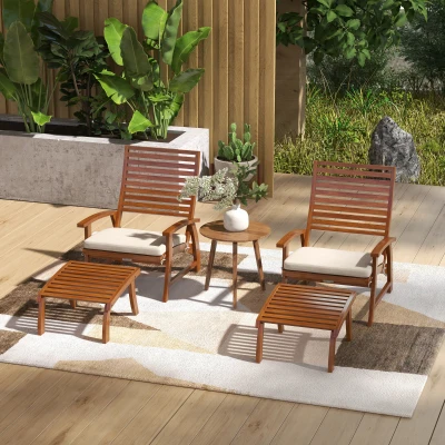 Outsunny Fauteuils Jardin Repose-Pieds Bois Acacia Coussins Crème