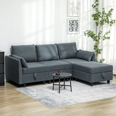 HOMCOM Divano Modulare 3 Posti con Pouf e Contenitori Grigio