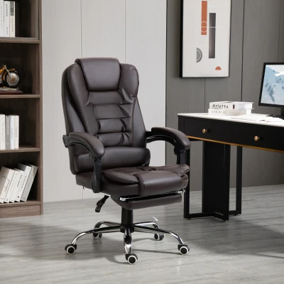 HOMCOM Silla de Escritorio con Reposapiés Silla Ejecutiva Giratoria con Altura Ajustable Tapizada en PU y Reposabrazos Café