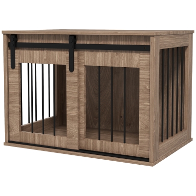 PawHut Cage Chien Métal Effet Bois Porte Coulissante 80x54x57 cm