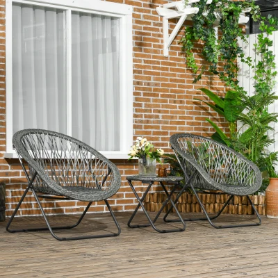 Outsunny Gartenmöbel-Set, 3-teilig, Rattanoptik, 2 Stühle, 1 Tisch, klappbar, Grau