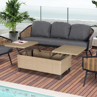 Outsunny Garten-Beistelltisch, Aufbewahrungskiste mit Stauraum, Rattanoptik, Stahlrahmen, khaki, 103 x 50 x 45,5 cm