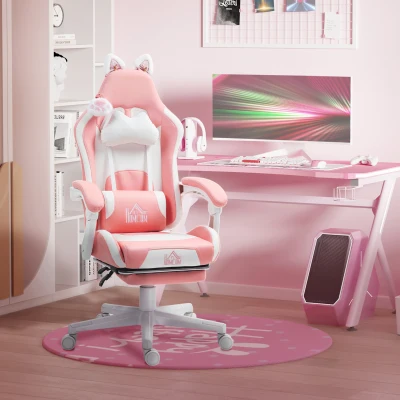 HOMCOM Gaming-Sessel mit Katzenohren, neigbare Lehne, ausziehbare Fußstütze, bis 120 kg, Rosa/Weiß