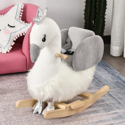 HOMCOM Balancín Infantil en Forma de Cisne de Felpa para Bebés 18-36 Meses con Sonido y Cinturón 60x33x59 cm Gris y Blanco