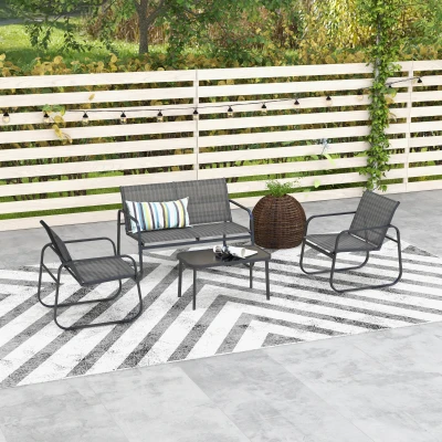 Outsunny 4-teilige Gartengarnitur, 2 Sessel, 2-Sitzer-Sofa, Tisch mit Glasplatte, atmungsaktiver Stoff, Metallrahmen, Schwarz