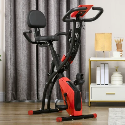 HOMCOM Heimtrainer X-Bike 2-in-1 Fahrradtrainer mit LCD-Display,Pulsmesser, klappbarer Hometrainer Trimmrad mit 8 stufig Magnetwiderstand, 1 Paar Spannseil, Stahl Rot 105x48x118 cm