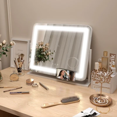 HOMCOM Espejo de Tocador Giratorio 58x46 cm con 3 Modos de Iluminación Ajustables Interruptor Táctil Espejo de Aumento Blanco
