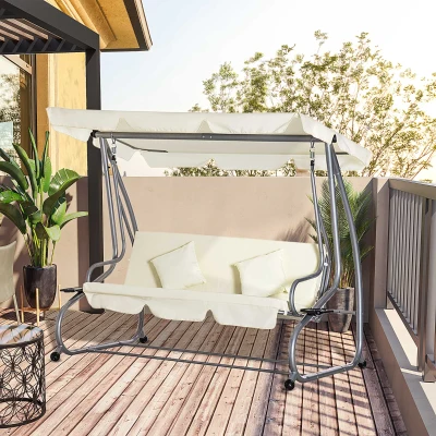 Outsunny Dondolo Letto 3 Posti con Portabicchieri Crema