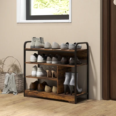HOMCOM Schuhregal 4-stufig, offenes Design, Metallrahmen, verstellbare Füße, 70x30x65 cm, Braun/Schwarz