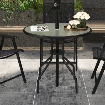 Outsunny Mesa de Jardín Redonda Mesa Comedor de Cristal Templado con Agujero para Sombrilla y Estructura Metálica para Patio Terraza Balcón Exterior Ø80x72 cm Negro