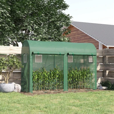 Outsunny Gewächshaus mit Fernster, Tür, Foliengewächshaus aus Stahl, Treibhaus mit PE-Gitterfolie für Balkon, Garten, Tomatenhaus 300x100x200cm, Tomatengewächshaus für Gemüse, Blumen, Pflanzen, Grün