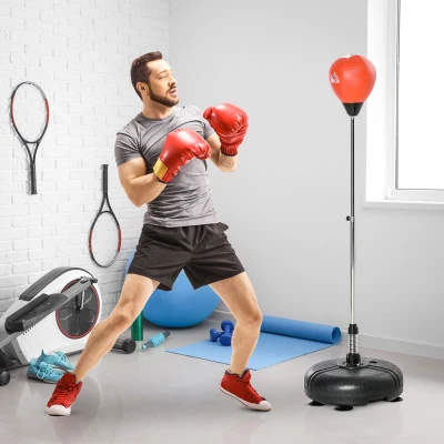 HOMCOM Saco de Boxeo de Pie Ajustable en Altura de 4 Niveles Punching Ball con Base Rellenable Guantes e Inflador para Adultos y Adolescentes Ø45x132-158 cm Negro y Rojo