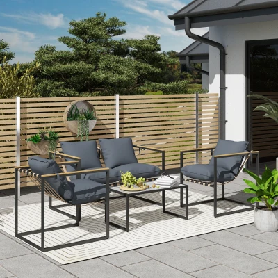 Outsunny 4-delige Tuinmeubelset, Outdoor Meubelset, 2 Stoelen, 2-Zitsbank, 1 Tafel, Gepolsterd, Staal, Polyester, Grijs