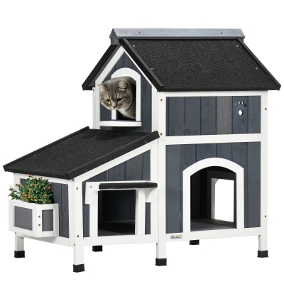 PawHut Wooden Outdoor Cat House with Flower Pot - Grey