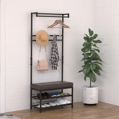 HOMCOM Garderobenständer Kleiderständer mit 5 Haken und Schuhbank mit 2 Ebenen Garderobe aus Metall für Flur, Schlafzimmer, 72,5 x35 x 180cm