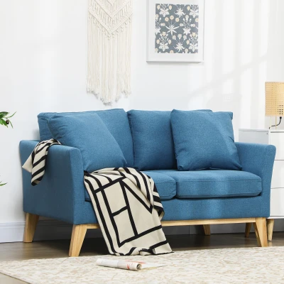 HOMCOM Canapé 2 Places Bois Tissu Bleu