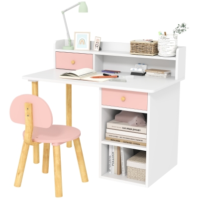AIYAPLAY Juego de Escritorio Infantil con Silla Pupitre Infantil con Cajones Compartimento y Estantes Rosa y Blanco
