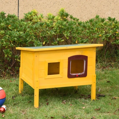 PawHut Maison Chat Bois Extérieur Toit Imperméable Jaune