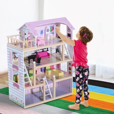 HOMCOM Maison de Poupée Bois 4 Étages 13 Accessoires Rose Blanc