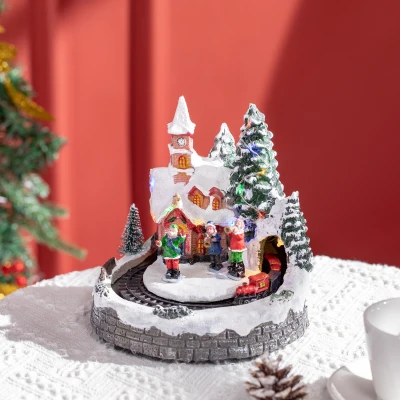 HOMCOM Weihnachtsdeko, verschneites Dorf, LED-Lichter, beweglicher Zug, 8 Lieder, 2 Modi, Harz, Mehrfarbig