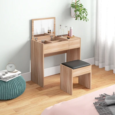 HOMCOM Tocador de Maquillaje con Taburete Mesa de Maquillaje con Espejo Tapa Abatible y Cajas 80x40x79 cm y 40x30x40 cm