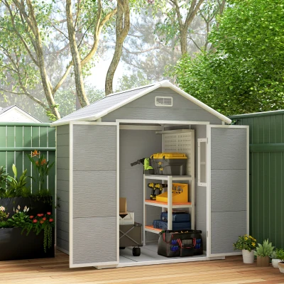 Outsunny 6 x 5ft Garden Shed, Plastic Shed with Floor, Window, Lockable Doors and Vents, Wood Effect Resin Tool Shed for Outdoor Patio, Dark Grey