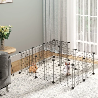 PawHut Jaula Modular para Animales Pequeños con 24 Paneles 2 Puertas para Cobayas Conejos Chinchillas 105x105x70cm Negro