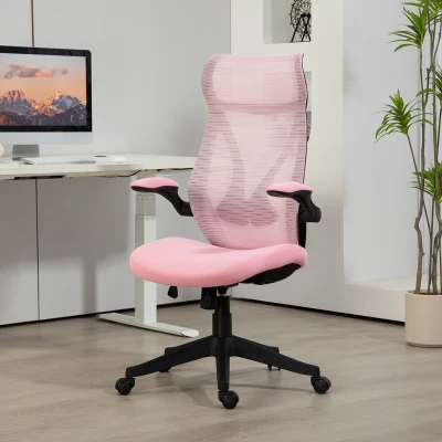 HOMCOM Silla de Oficina Giratoria con Altura Ajustable Reposabrazos Abatibles y Función de Basculante Carga 120 kg Rosa