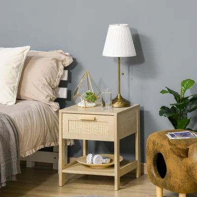 HOMCOM Nachttisch Nachtschrank Beistelltisch natürlicher Nachtkommode mit Schublade offenen Ablage Rattan-Design MDF Natur 40 x 40 x 48 cm