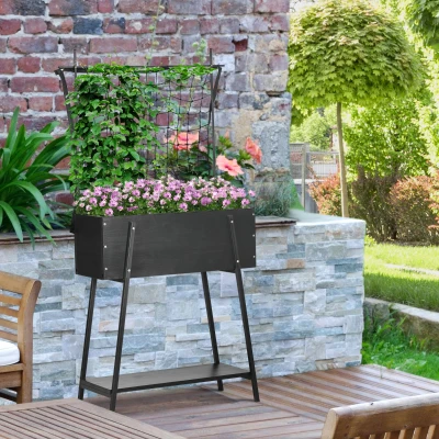 Outsunny Hochbeet mit Rankhilfe, inkl. 1 Ablage, Massivholz, 89 cm x 34 cm x 168 cm, Schwarz