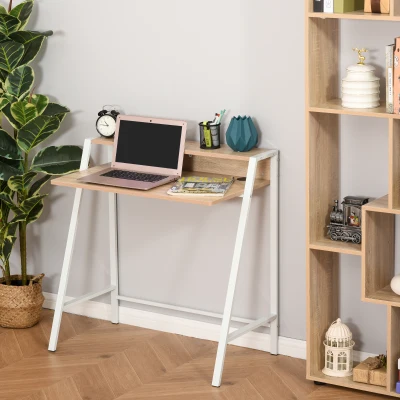 HOMCOM Writing Desk PC Workstation Storage Shelf 84x45cm White Oak