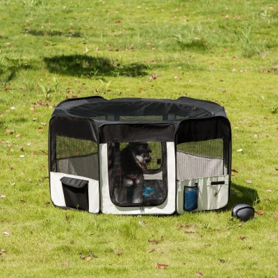 PawHut Parc Chien Tissu Oxford Pliable Ø120cm Noir/Crème