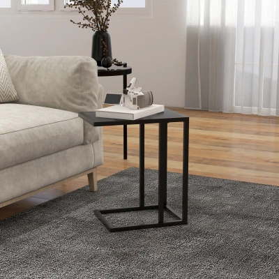 HOMCOM C Shape Bedside Table Metal Frame Wood-Effect Black