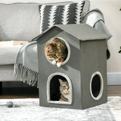 PawHut Cama para Gatos de 2 Niveles Cueva para Gatos con 3 Puertas y Cojines Lavables 42x46x59,5 cm Gris